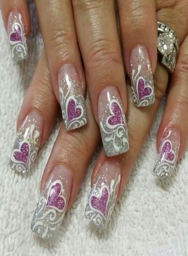 TBRZTR Purple Heart Valentine's Press on Nails Medium European Lines Design Gradient Stick on Nails Valentine's Nails Press Ons Glitter Powder Glue on Nails Charm Holiday Nails for Women Acrylic Nails - Image 1